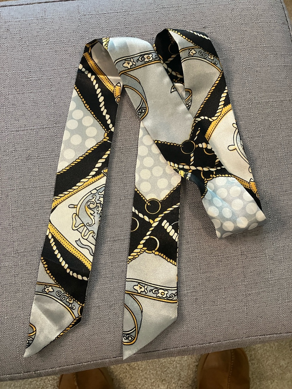 Silk Twilly Scarf in Black, Gold & Gray 1.5 X 39